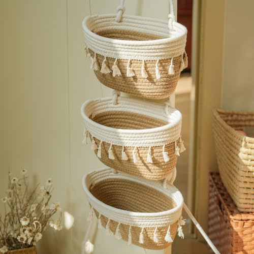 3 Tier Cotton Rope Baskets with Tassels Over the Door Wall Hanging Baskets for Nursery (Jute+White / 3 tier+Tassels)
