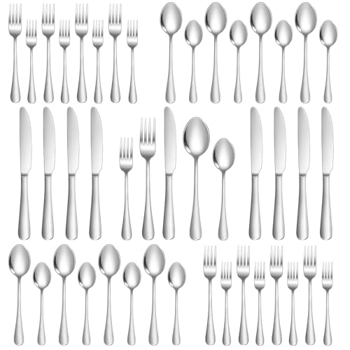 Silverware Set 40 Piece Stainless Steel Flatware Set Silverware Utensils for 8 People Includes Forks Knives Spoons & Salad Forks Dishwasher Safe for Home Restaurant or Outdoor Use (Silver / 40-Piece)