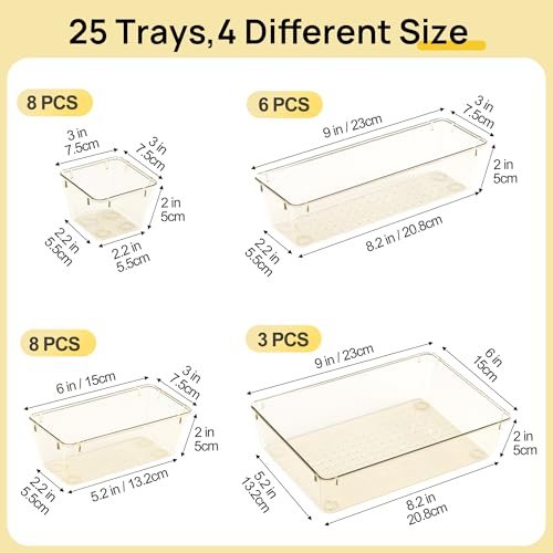 25 Pack Plastic Drawer Organizers with Non (Clear Champagne)