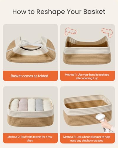 Small Woven Storage Basket for Organizing (White & Brown / 13.5"L x 9.5"W x 5"H)