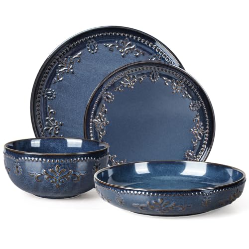 4 Piece Handcrafted Ceramic Dinnerware Set with Pasta Bowls (Damask Floral (4 Pieces) (Blue))