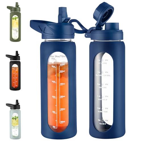 24 oz Glass Water Bottle with Straw (.Navy / 24 Ounces)
