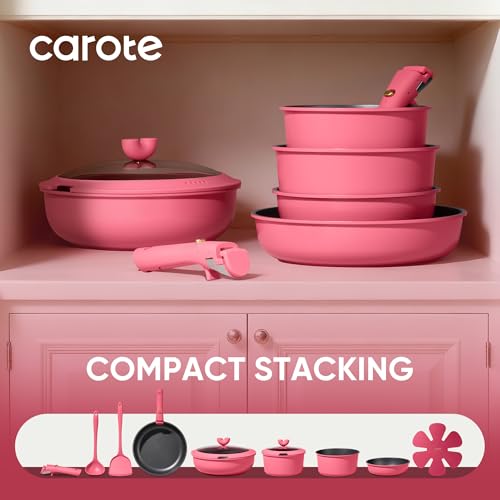 15pcs Pots and Pans Set Non Stick (Dark Pink)