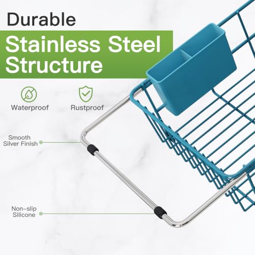 Blue Dish Drying Rack in Sink with Drainboard and Utensil Holder (Blue / For 12"-30"w Sink, with Drainboard)