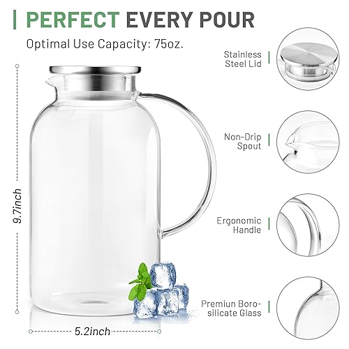 2.2 Liter 75oz Glass Pitcher with Lid (75 Ounces / Clear)