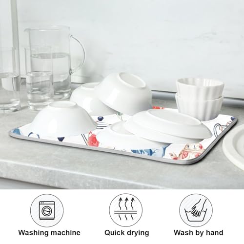 Watercolor Tea Cups Teapots Dish Drying Mat for Kitchen Counter Absorbent Microfiber Drying Pad (18" x 18")