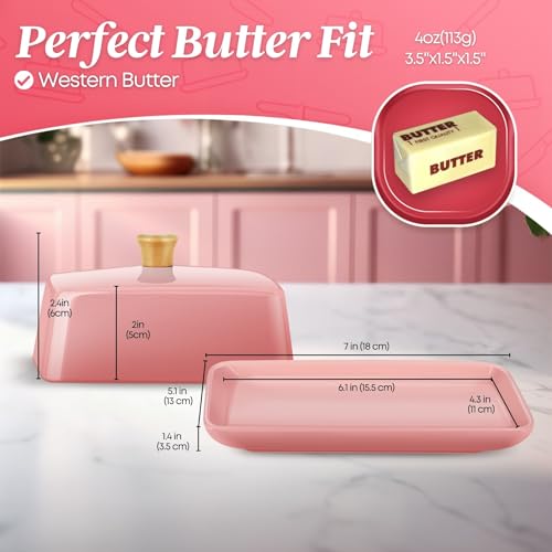 Large Ceramic Butter Dish with Lid for Countertop (Pink / Large)