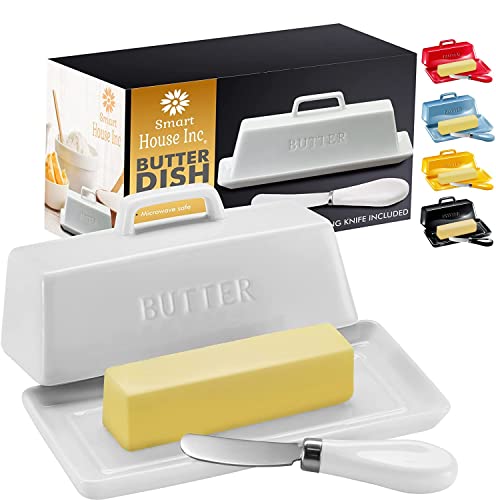 Ceramic Butter Dish Set with Lid and Knife (White)