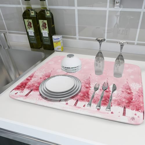 Pink Trees Dish Drying Mats Christmas Snowy Decor Drying Pad Kitchen Countertop Drainer Rack Mat 18 X 24 Inch (Pine Forest 4720 / 24" x 18")