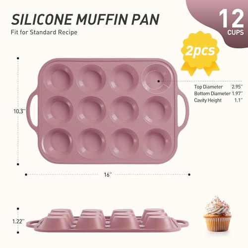 2 Packs 12 Cups Silicone Muffin Pan with Metal Reinforced Frame Regular Size Cupcake Pan Tray Egg Bites Silicone Circle Cookie Molds Muffin Tin Tart Pans Baking Sheet Set for Breakfast Sandwiches (Regular / Morandi Pink)