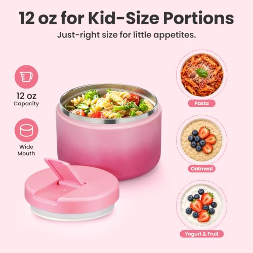 12oz Insulated Vacuum Food Jar with Buckle Lid Wide Mouth Soup Thermo for Hot Food Kids Leakproof Stainless Steel Lunch Container (Gradient Pink / 12OZ)