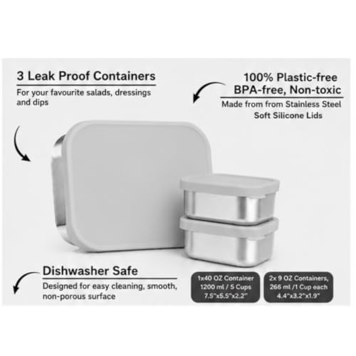 Flexibento 40 OZ Leak Proof Stainless Steel Lunch Box (Grey set of 3: 1*40OZ + 2 *9 OZ)