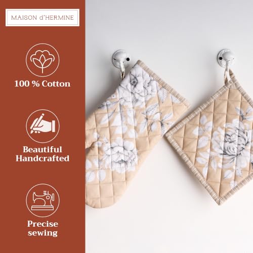 100% Cotton Oven Mitt & Pot Holder Set (040 - Pretty Autumn / 7.5" x 13" & 8" x 8" (Oven Mitt & Pot Holder))