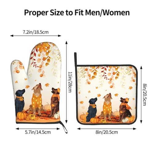Fall Dogs Oven Mitt Potholders Sets Autumn Leaves Heat Resistant Oven Glove Set of 2 Holiday Kitchen Hot Pads for Cooking Baking Grilling (Fall Dogs)