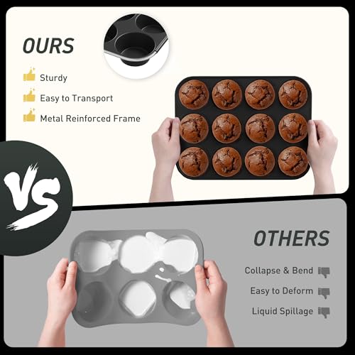 2 Pack 12 Cups Silicone Muffin Pan with Metal Reinforced Frame Regular Size Silicone Molds Cupcake Cake Baking Pans Cookie Baking Chocoflan Cupcake Mold Baking Homemade Muffins Cupcakes Egg Bites (2pc: 12-Cup Regular / Black)