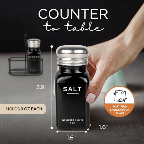 Black Salt and Pepper Shakers Set with Holder by Brighter Barns (2 Count)