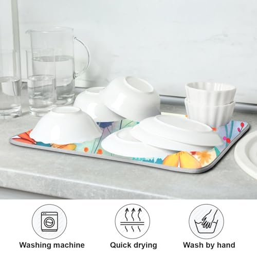 Colorful Flowers Blue Dish Drying Mat for Kitchen Counter Absorbent Microfiber Drying Pad (16" x 18")