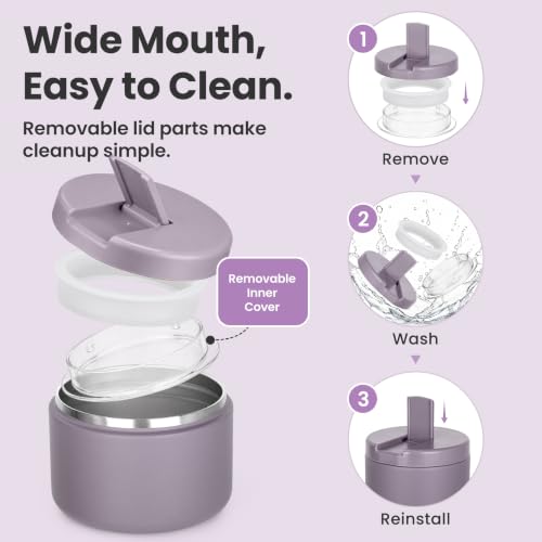 12oz Insulated Vacuum Food Jar with Buckle Lid Wide Mouth Soup Thermo for Hot Food Kids Leakproof Stainless Steel Lunch Container (Lilac / 12OZ)