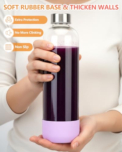 32oz Large Glass Juice Bottles With Stainless Steel Lids (Pink-Lilac-Blue)