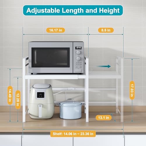 Expandable Microwave Stand Kitchen Countertop Organizer (White / 2 Tier (Without Spice Rack))