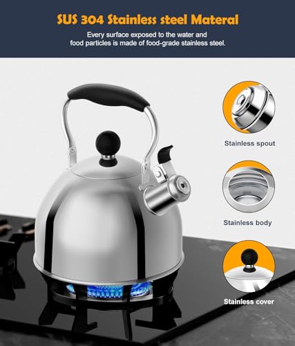 Tea Kettle 2 Quart Stainless Steel Whistling Tea Kettle (Silver)