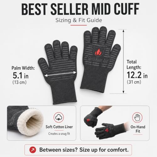 BBQ Grill Gloves Heat Proof for Men 932°F Grilling Fire Pit (Full Black / Mid Cuff - Medium Palm)
