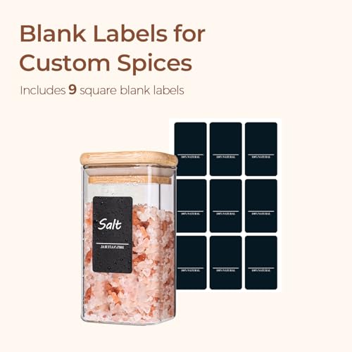 Square Glass Spice Jars with Labels 10 oz 6 Pack with Bamboo Lids (6 Count)