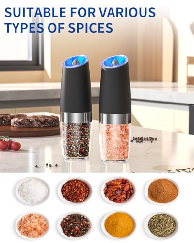 Gravity Electric Salt and Pepper Grinder Set Automatic Salt and Pepper Grinder Set with LED Light (Battery / Black Set)
