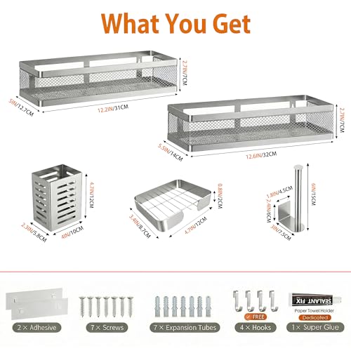 5-in-1 Wide Wall Mount Wrapped Mesh Kitchen Organizer & Shower Caddy Kit, with Paper Towel Holder, Utensil Holder, Soap Dish, Heavy Duty 50LBS - Silver Gray, Netting (Silver Grey / 5-in-1 Full Mesh (12.6" Wide))