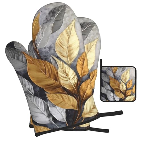 Gold Silver Tropical Leaves Oven Mitts and Pot Holders Sets of 3 (3 Count)