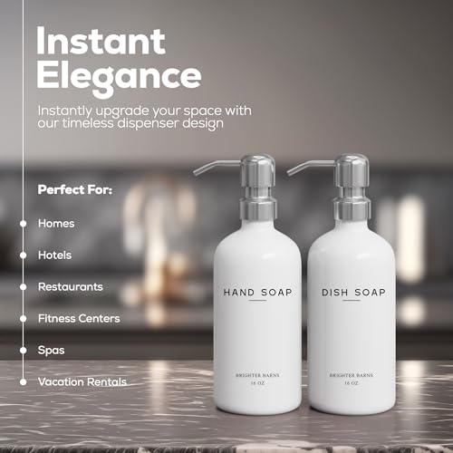White Glass Hand and Dish Soap Dispenser Set by Brighter Barns (Silver Hd)