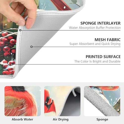Winter Birds Snowflakes Berry Dish Drying Mat for Kitchen Counter Absorbent Microfiber Large Christmas Drying Pad Dish Mats for Kitchen Countertops 18 x 24 Inch (24" x 18")