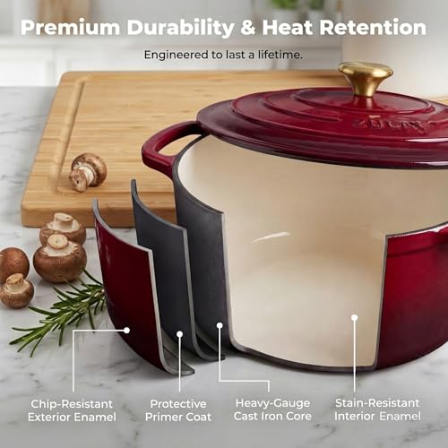 6.4QT Enameled Cast Iron Dutch Oven Pot with Lid (Garnet / 6.4 Quart)