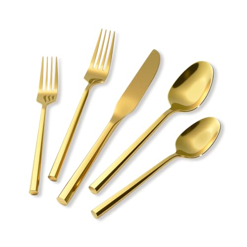 Gold Silverware Set with Hexagon Handle 30 Pieces Service for 6 (Gold / 30 Pcs)