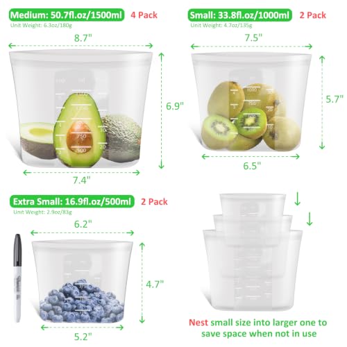 100% Platinum Silicone Reusable Food Storage Bags (Clear | 3-Size | 8 Pack)