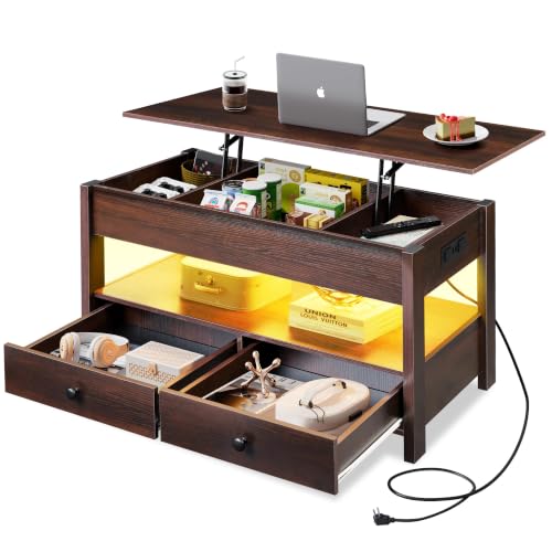 Lift Top Coffee Table with LED and 2 Drawers (Led+espresso / 39" with Drawer)