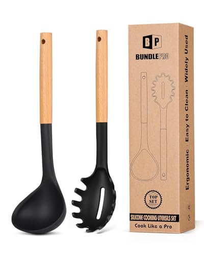 Silicone Soup Ladle and Pasta Spoon Set with Wooden Handle (2 Count)