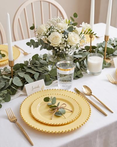 180PCS Yellow Gold Plastic Plates Set for 30 Guests Wedding Party (Yellow and Gold Plastic Dinnerware Set / 180PCS)