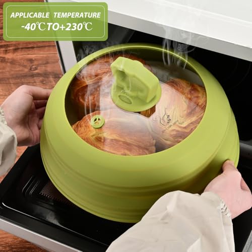 Microwave Splatter Cover Vented Glass Splatter Guard Lid with Collapsible Silicone for Food as Pot Cover 11.8 inch Large Plate for 6 7 8 9 10 11 inch Plate Bowl (Regular style 11.8 inch / Green)