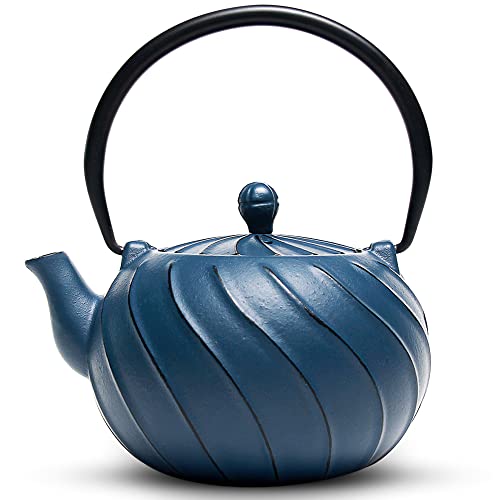 Tea Kettle TOPTIER Japanese Cast Iron Teapot with Stainless Steel Infuser (0.9 Quarts / Navy Blue)