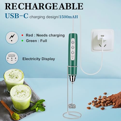 Milk Frother Wand Rechargeable Handheld Whisk Coffee 3 Speed Adjustable (Frother with stand / Green)