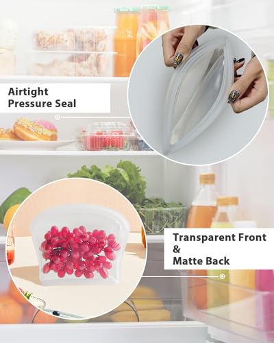 8 Pack Seal Top Silicone Food Storage Bags Microwave Oven Safe (8P Flat - Clear & Mint Green / ‎8Pcs- 4x7oz/ 2x14oz/ 2x28oz)