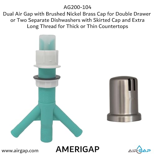 Dual Air Gap with Brushed Nickel Brass Cap for Double Drawer or Two Separate Dishwashers with Skirted Cap and Extra Long Thread for Thick or Thin Countertops (AG200-104)