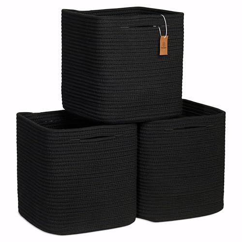 Storage Cubes 11 Inch Cotton Rope Woven Baskets for Organizing (Black)
