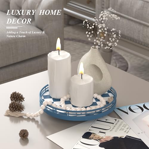 Blue and White Checkerboard Lazy Susan with Rubberwood Base and Metal Rail (Blue & White / 9 inches)
