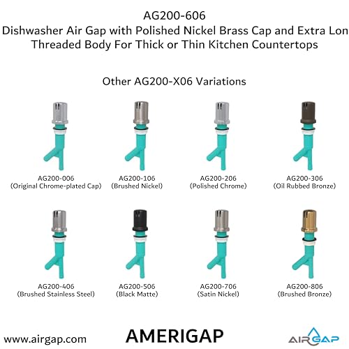 Dishwasher Air Gap with Skirted Polished Nickel Brass Cap and Extra Long Threaded Body for Thick or Thin Kitchen Countertops (AG200-606)