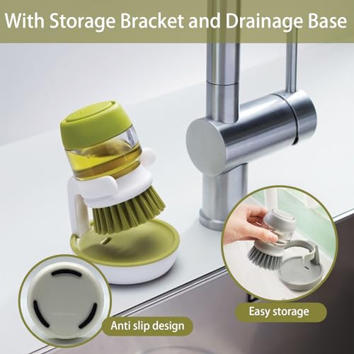 Soap Dispenser Dish Brush Palm Brush Scrub Brush Equipped with Storage Bracket and Drainage Base (Green)