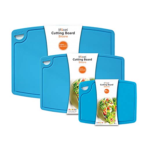 Silicone Thick Cutting Boards Mats Set of 3pcs Foldable & Flexible Design Juice Grooves Easy Grip Handle Dishwasher Safe for Kitchen (9.1"L x 7.1"W, 12.6"L x 9.1"W & 14.6"L x 10.4"W / Blue)