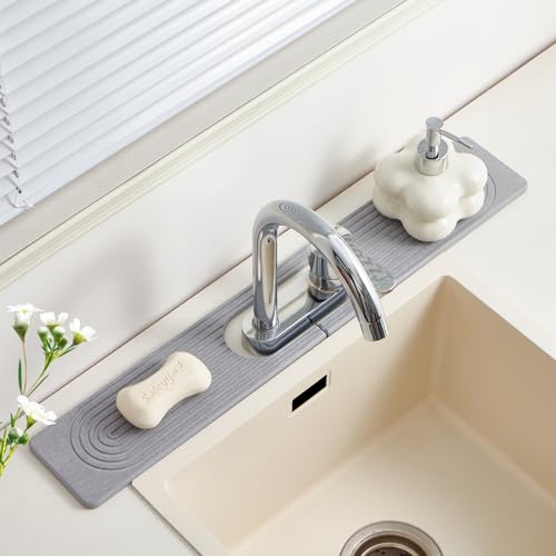 Stone Faucet Mat for Kitchen Sink Oval Hole Bathroom sink splash guard (Gray)