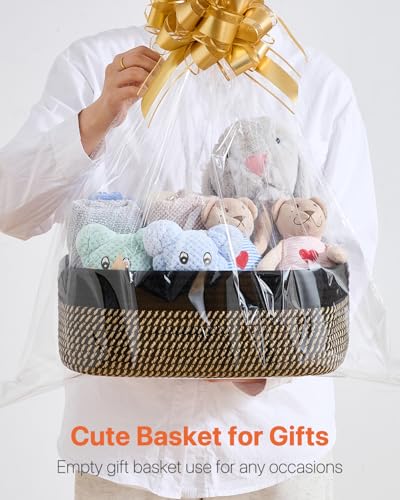 Small Woven Storage Basket for Organizing (Black & Brown / 13.5"L x 9.5"W x 5"H)
